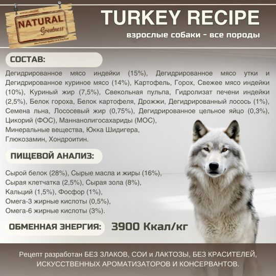 Сухой корм Natural Greatness Turkey Recipe 2 кг для взрослых собак всех пород с чувствительным пищеварением, индейка с курицей