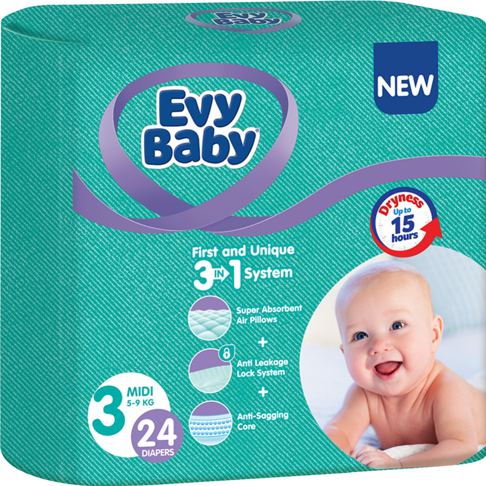 Подгузники детские «Evy Baby» Midi, 5-9 кг, 24 шт