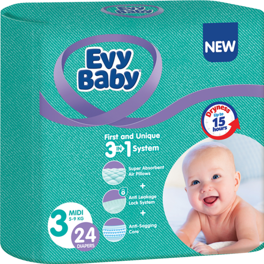 Подгузники детские «Evy Baby» Midi, 5-9 кг, 24 шт