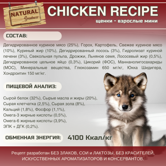 Сухой корм Natural Greatness Chicken Recipe 2 кг для щенков от отлучения от груди, юниоров (12-18 месяцев), беременных или кормящих, взрослых собак мелких пород, курица