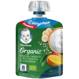 Пюре фруктовое «Gerber» Organic, банан-манго с йогуртом и злаками, 90 г