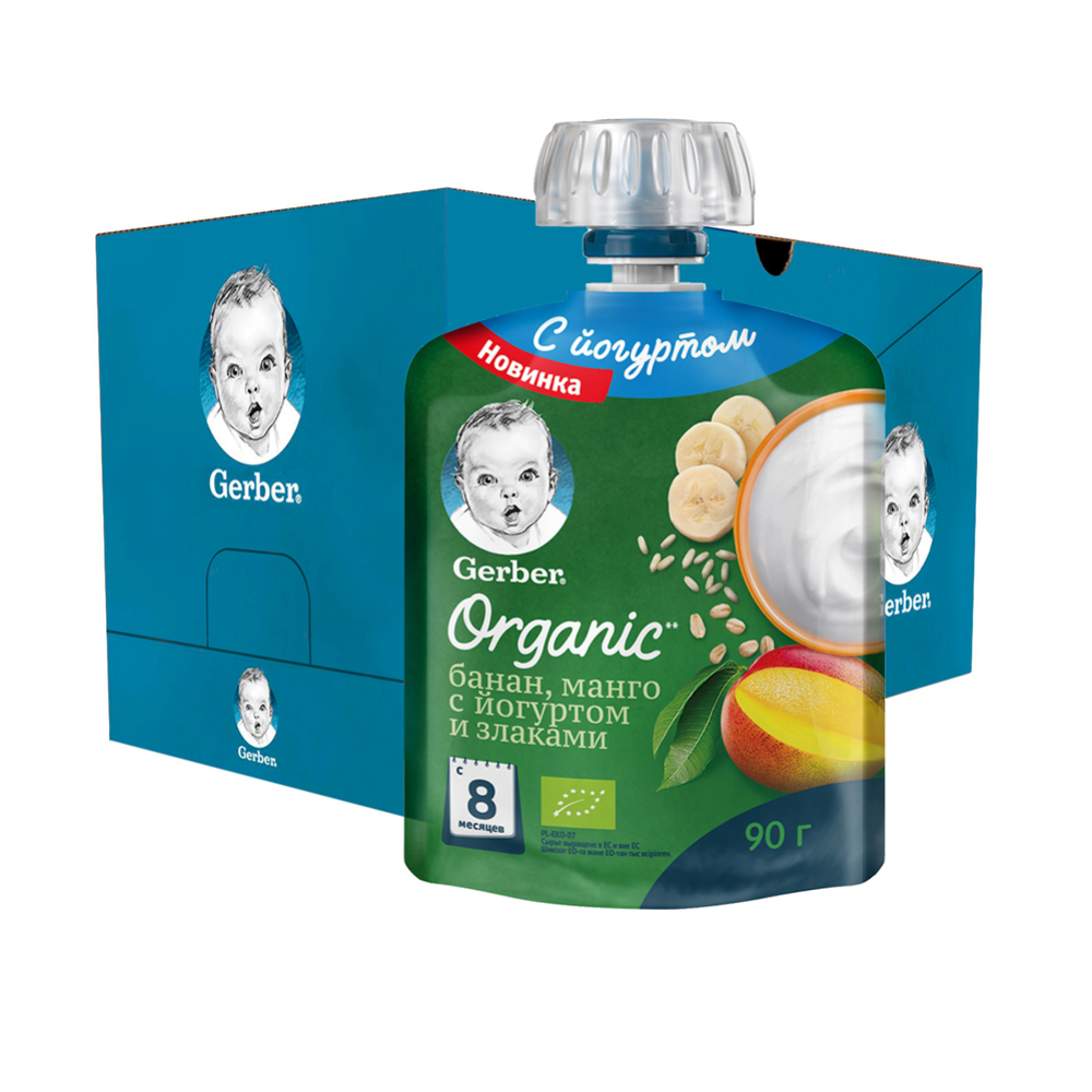 Пюре фруктовое «Gerber» Organic, банан-манго с йогуртом и злаками, 90 г