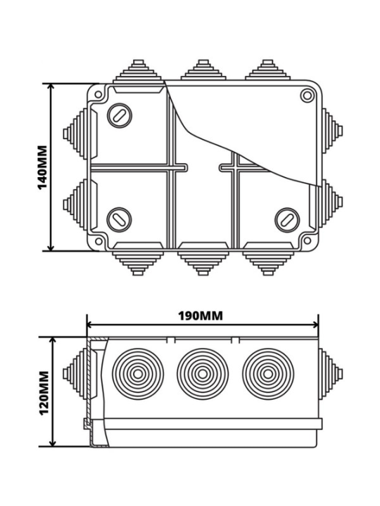 Распаячная коробка ОП 190х140х120мм, крышка, IP55, 10 гермовводов,  TDM SQ1401-1246(2)