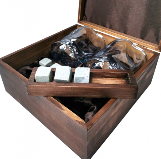 Подарочный набор для виски в деревянной шкатулке с камнями AmiroTrend ABW-304 brown transparent blue