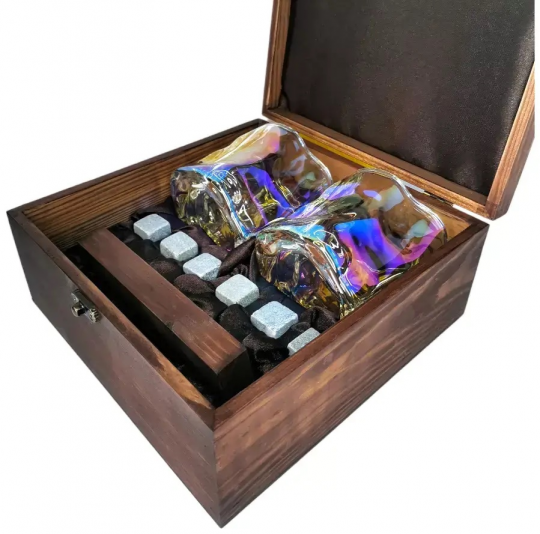 Подарочный набор для виски в деревянной шкатулке с камнями AmiroTrend ABW-304 brown pearl