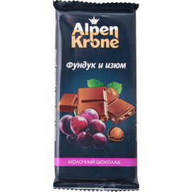 Шоколад «Alpen Krone» молочный, с лесным орехом и изюмом, 90 г