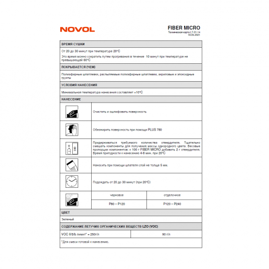 Шпатлевка с добавлением микростекловолокна NOVOL FIBER MICRO - 0.5 кг