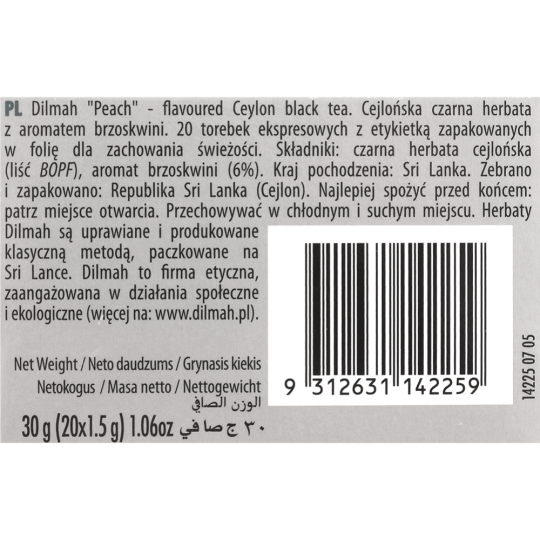 Чай черный «Dilmah» с ароматом персика, 20х1.5 г