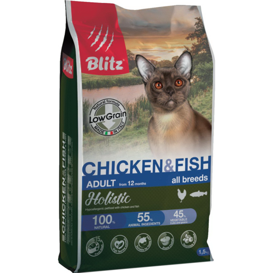 Корм для кошек «Blitz» Adult Cat Chicken&Fish, 4451, низкозерновой, для взрослых кошек, курица и рыба, 1.5 кг