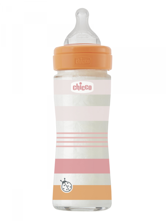 Бутылочка для кормления Chicco Well-Being, 0 мес.+, 240 мл, стеклянная, оранжевая