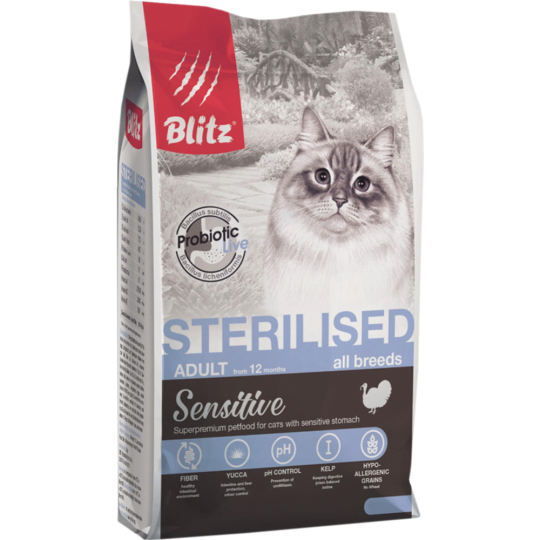 Корм для кошек «Blitz» Sterilised Cats Turkey, 4410, для стерилизованных кошек, индейка, 0.4 кг