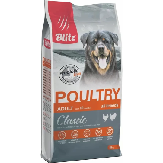 Корм для собак «Blitz» Adult Dog Poultry, 4159, для взрослых собак, курица и индейка, 15 кг