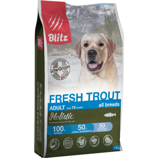 Корм для собак «Blitz» Adult Fresh Trout, 4307, низкозерновой, свежая форель, 1.5 кг