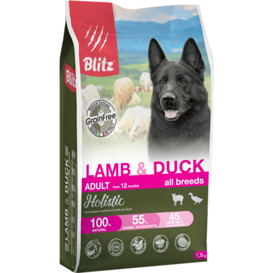 Корм для собак «Blitz» Adult Lamb&Duck, 4253, беззерновой, для взрослых собак, ягненок и утка, 1.5 кг