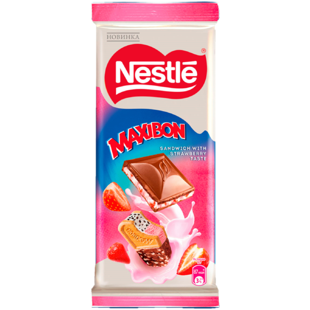 Молочный шоколад «Nestle» Maxibon, со вкусом клубники и печеньем, 80 г #1