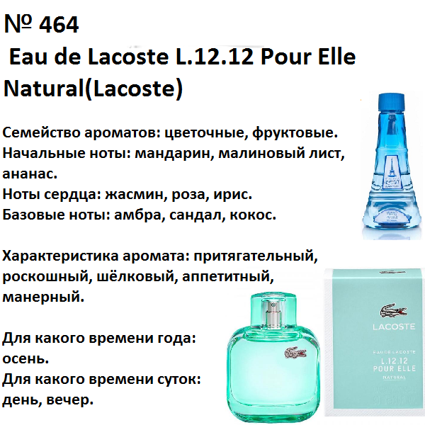 Духи Рени Reni 464 Аромат направления L.12.12 Pour Elle Natural (Lacoste) - 100 мл