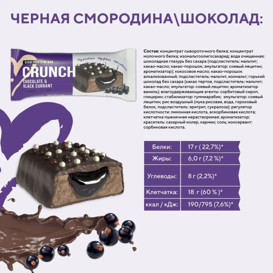 Протеиновый батончик BootyBar Crunch, ПП батончики без сахара, 16 шт х 60 гр Чёрная смородина