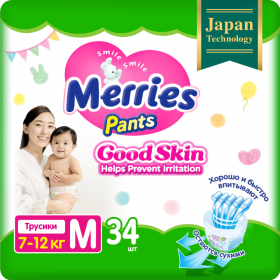 Под­гуз­ни­ки-тру­си­ки дет­ские «Merries» Good Skin, размер M, 7-12 кг, 34 шт