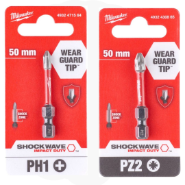 PH1(2шт)+PZ2(2шт) 50мм. Набор бит для шуруповёрта ударных Shockwave MILWAUKEE