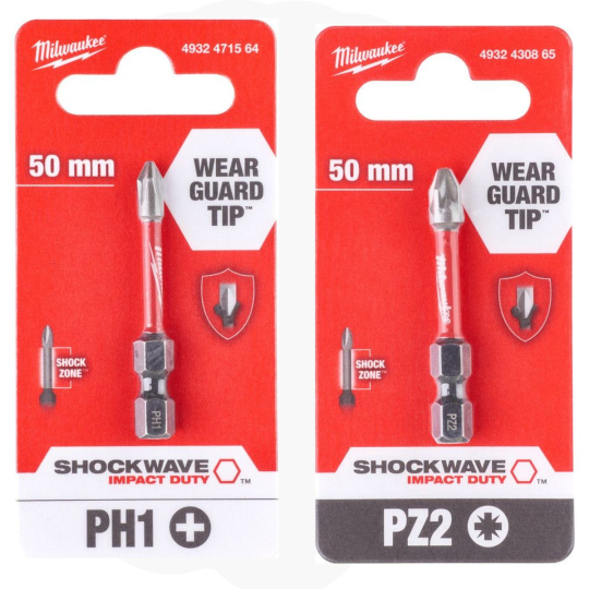 PH1(2шт)+PZ2(2шт) 50мм. Набор бит для шуруповёрта ударных Shockwave MILWAUKEE