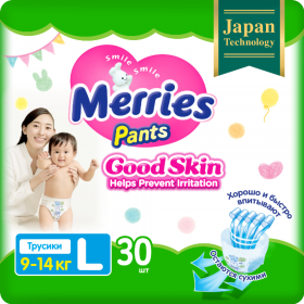 Под­гуз­ни­ки-тру­си­ки дет­ские «Merries» Good Skin, размер L, 9-14 кг, 30 шт