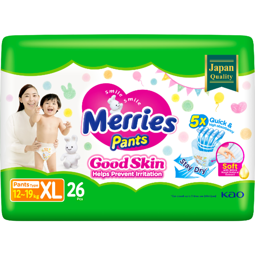 Подгузники-трусики детские «Merries» Good Skin, размер XL, 12-19 кг, 26 шт