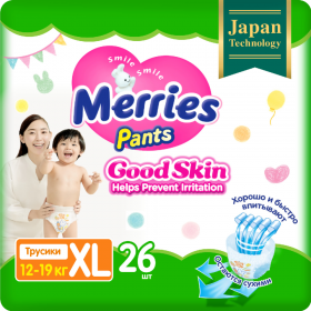 Под­гуз­ни­ки-тру­си­ки дет­ские «Merries» Good Skin, размер XL, 12-19 кг, 26 шт