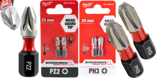 PH3(4шт)+PZ2(4шт) 25мм. Набор бит для шуруповёрта ударных Shockwave MILWAUKEE