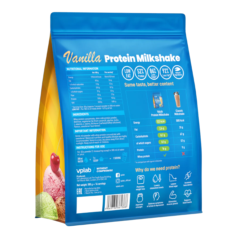 Сывороточный протеиновый коктейль VPlab Protein Milkshake, 500г, ваниль