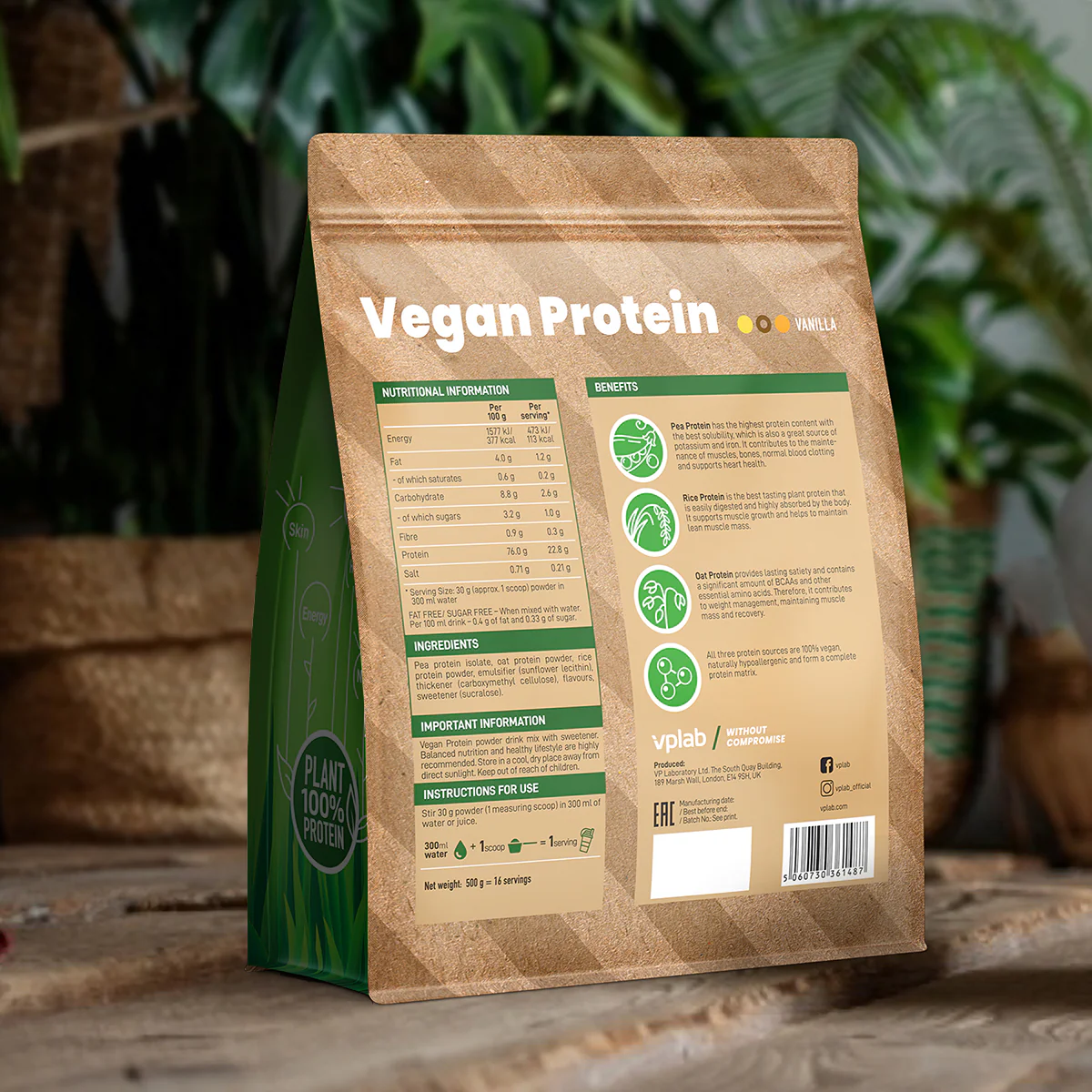 Растительный протеин VPlab Vegan Protein, 500г, ваниль