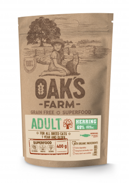 Корм для кошек "OAK'S FARM" (взрослых) полноценный беззерновой  Herring / Сельдь. 400гр