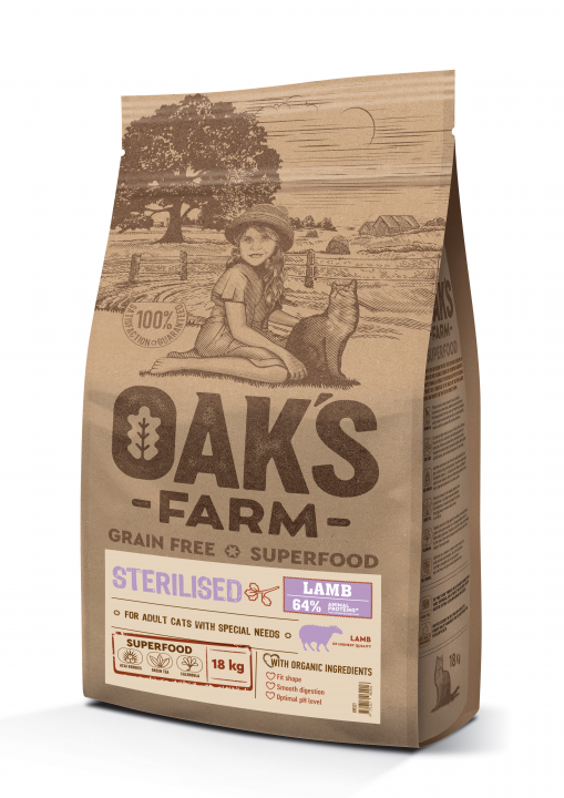 Корм для кошек (взрослых стерилизованных) OAK'S FARM полноценный беззерновой  Lamb/ Ягненок, 18кг