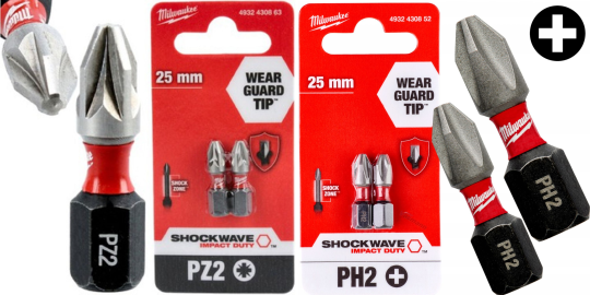 PH2(4шт)+PZ2(4шт) 25мм. Набор бит для шуруповёрта ударных Shockwave MILWAUKEE