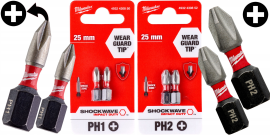 PH1(4шт)+PH2(4шт) 25мм. Набор бит для шуруповёрта ударных Shockwave MILWAUKEE