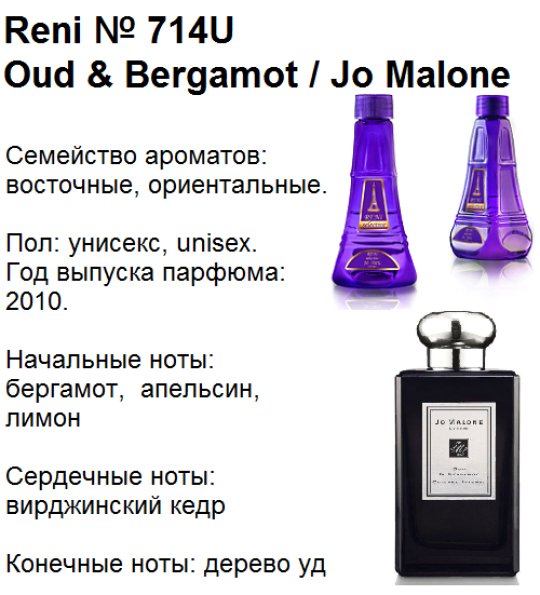 Духи Рени Reni selective 714U Аромат направления Oud & Bergamot (Jo Malone) - 100 мл