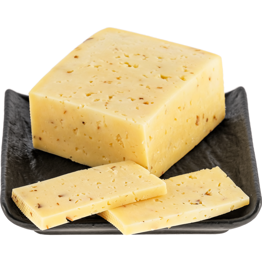 Сыр «Гур­мен­таль» с ли­сич­ка­ми и жа­рен­ным луком, 45%, 1 кг