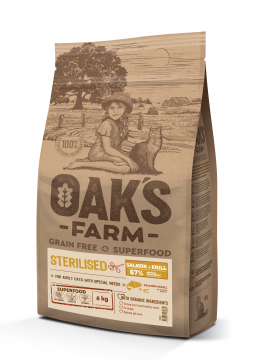 Корм для кошек (взрослых стерилизованных ) OAK'S FARM полноценный беззерновой  Salmon + Krill / Лосось и криль, 6кг