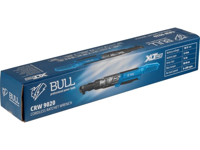 Аккум. угловая трещотка (гайковерт) BULL CRW 9020 в кор. XLTpro 90 Нм, 0-200 об/мин., LED (внешний квадрат, 1/2", 1.18 кг) (1333566)