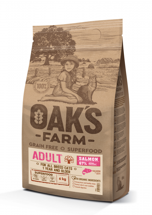 Корм для кошек (взрослых) OAK'S FARM полноценный беззерновой  Salmon / Лосось, 6кг