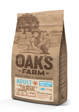 Корм для кошек (взрослых ) OAK'S FARM полноценный беззерновой  White Fish/ Белая рыба, 18 кг