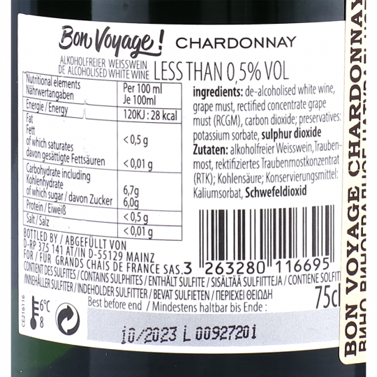 Вино безалкогольное «Bon Voyage» Chardonnay, 0.75 л