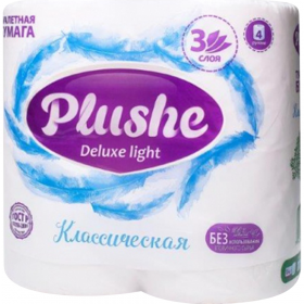 Бумага туа­лет­ная «Plushe» Deluxe Light, Клас­си­че­ская, 3 слоя, 4 рулона