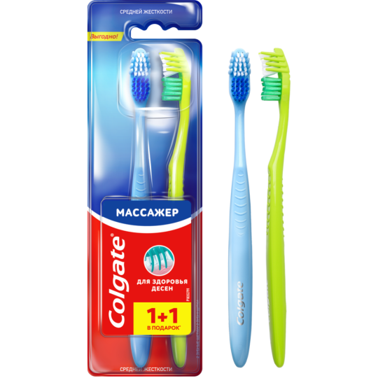 Зубная щетка «Colgate» массажер, голубая и салатовая, 2 шт