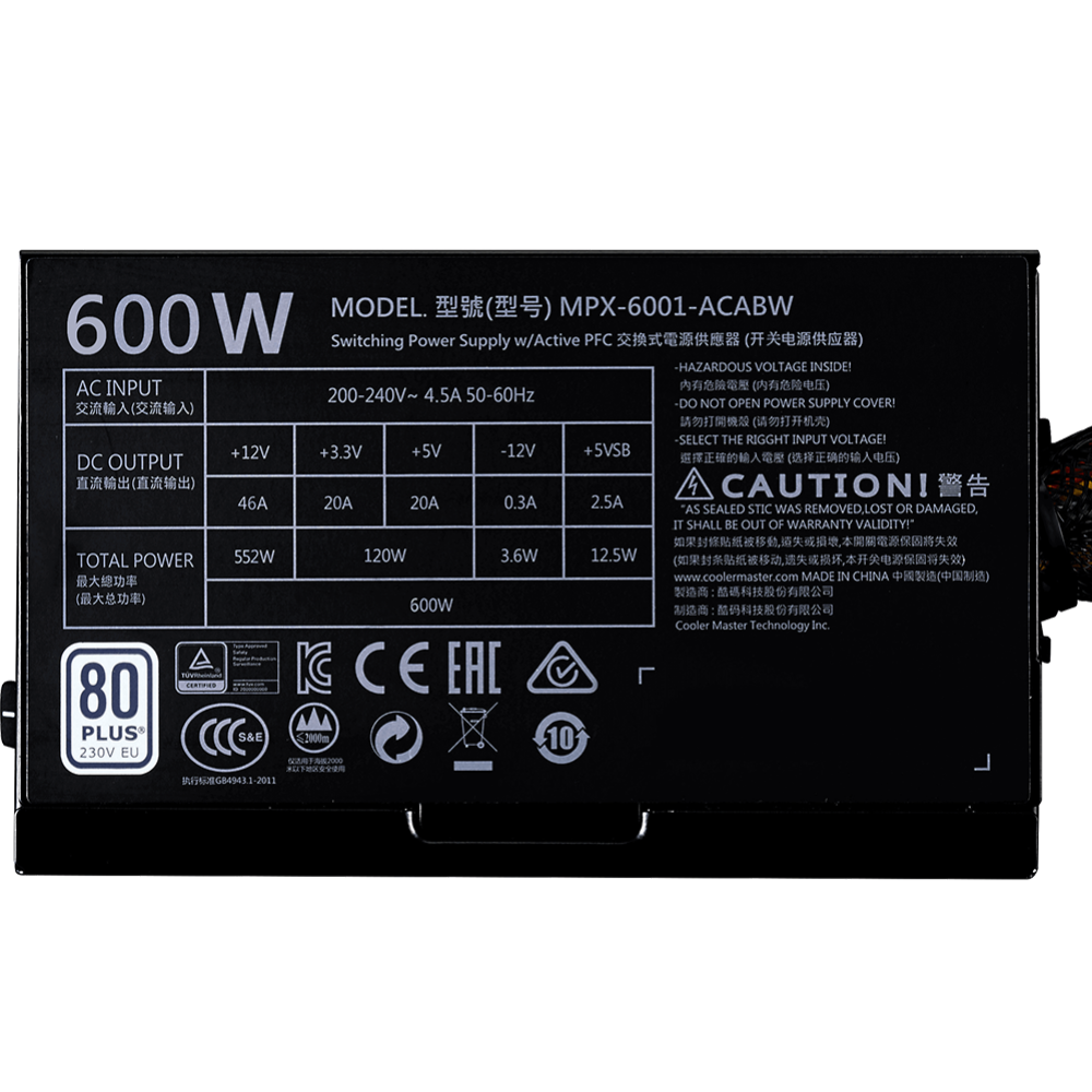 Блок питания «Cooler Master» MasterWatt Lite 230V MPX-6001-ACABW-EU