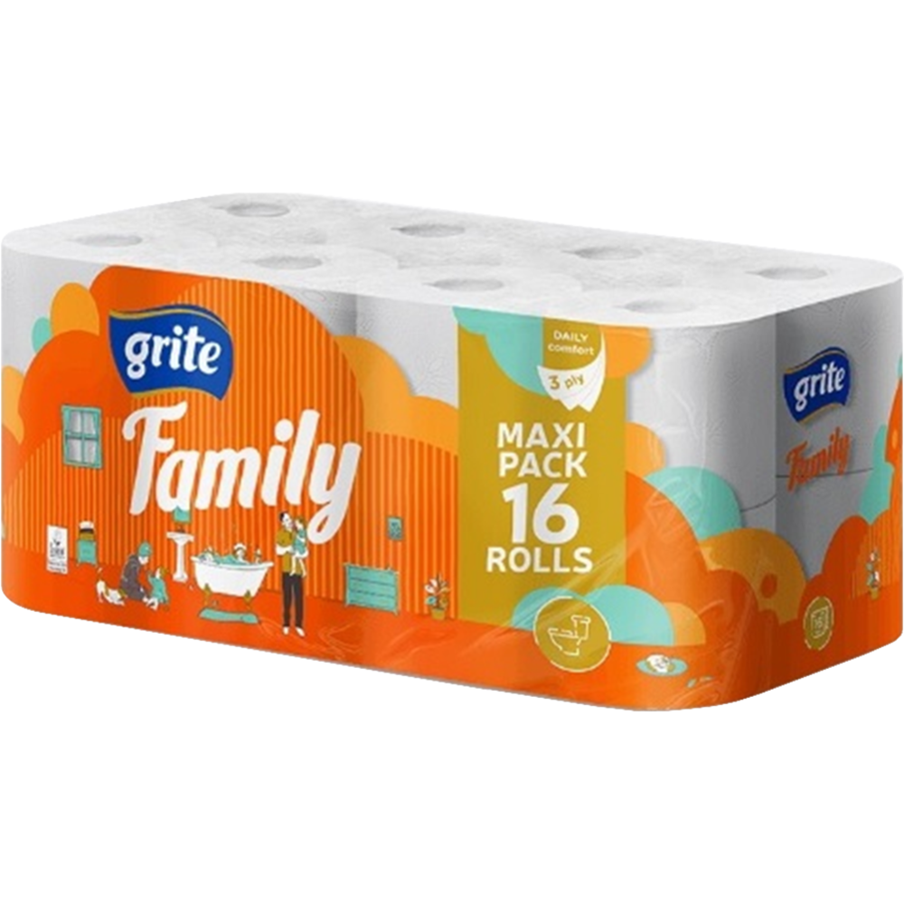 Туалетная бумага «Grite» Family Dekor, трехслойная, 16 рулонов