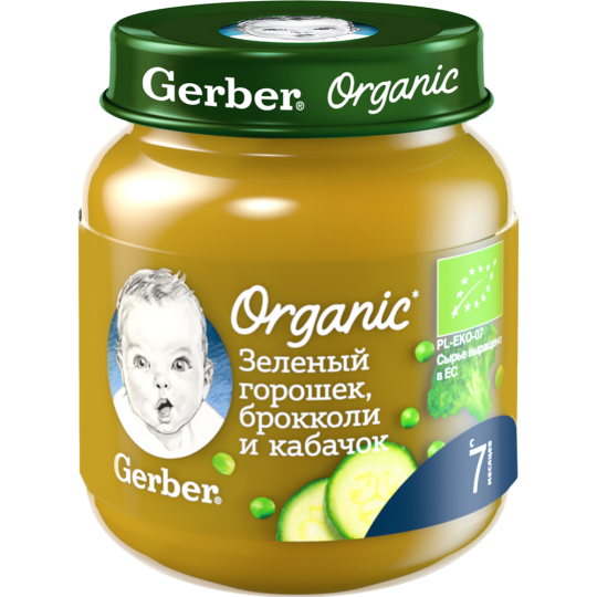 Пюре овощное «Gerber» Organic, зеленый горошек, брокколи и кабачок, 125 г