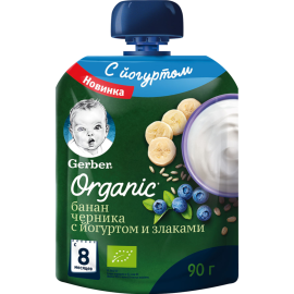 Пюре фруктово-ягодное «Gerber» Organic, банан, черника, 90 г