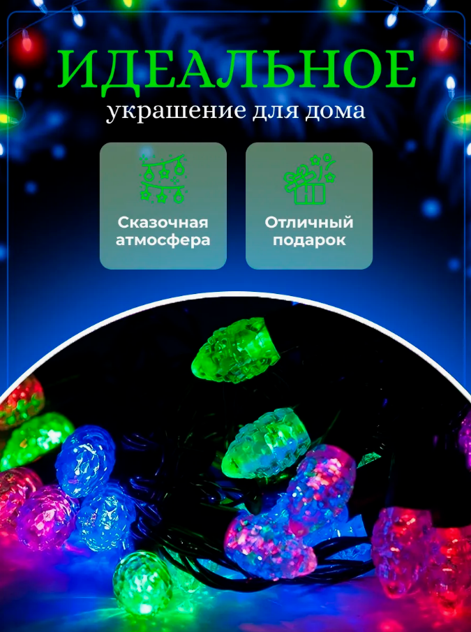 Гирлянда шишки разноцветные от сети новогодняя (4 метра, новогодняя гирлянда, 2025)
