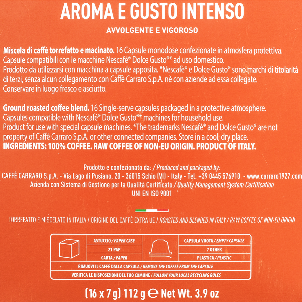 Кофе в капсулах «Carraro» Aroma e gusto intenso, 16х7 г #1