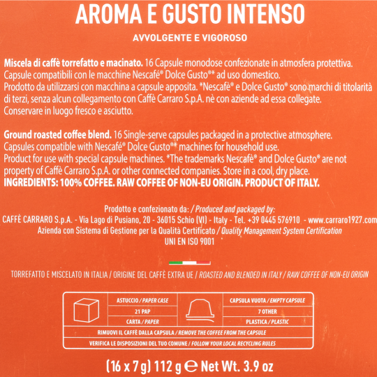 Кофе в капсулах «Carraro» Aroma e gusto intenso, 16х7 г